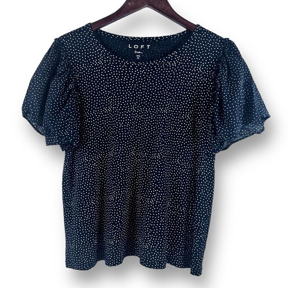 Loft Linen Women's M Ruffle Sleeve Blouse Blue White Polka Dots Western Casual